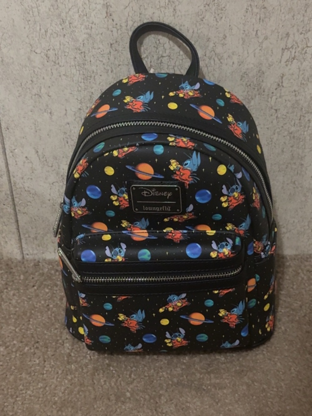 Disney x Loungefly Stitch Space Mini Backpack - Black with Colorful Planets